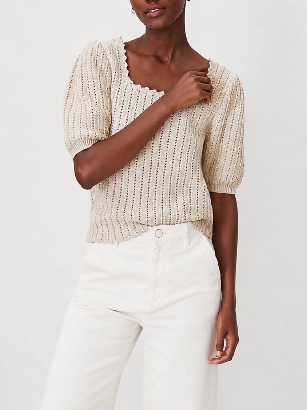 Ann Taylor Knit Sweater Top Puff Short Sleeve Square Neckline Light Tan Size LP
